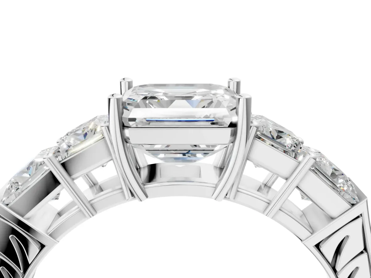 Round Cut Solitaire Princess Side Stone Engraved Band Prong Setting Ring Platinum