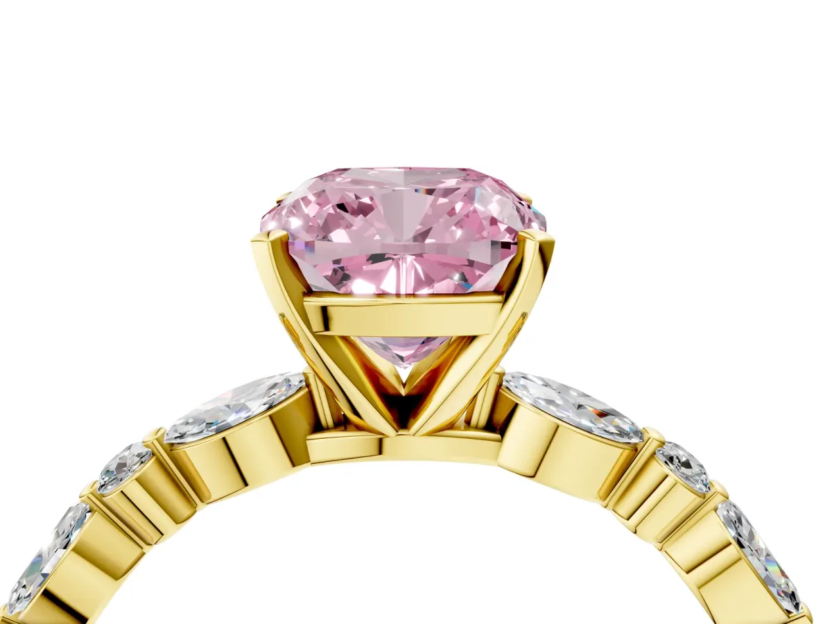 Fancy Pink Cushion Cut Diamond Ring with Marquise and Round Side Stones and Four-Prong Setting Yellow gold