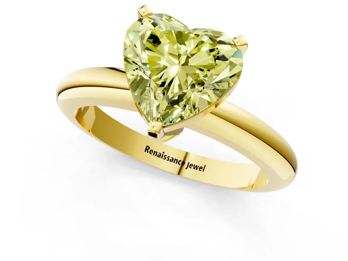 Fancy Yellow Heart Cut Diamond Solitaire Engagement Ring with Round Band and Four-Prong Setting Yellow gold