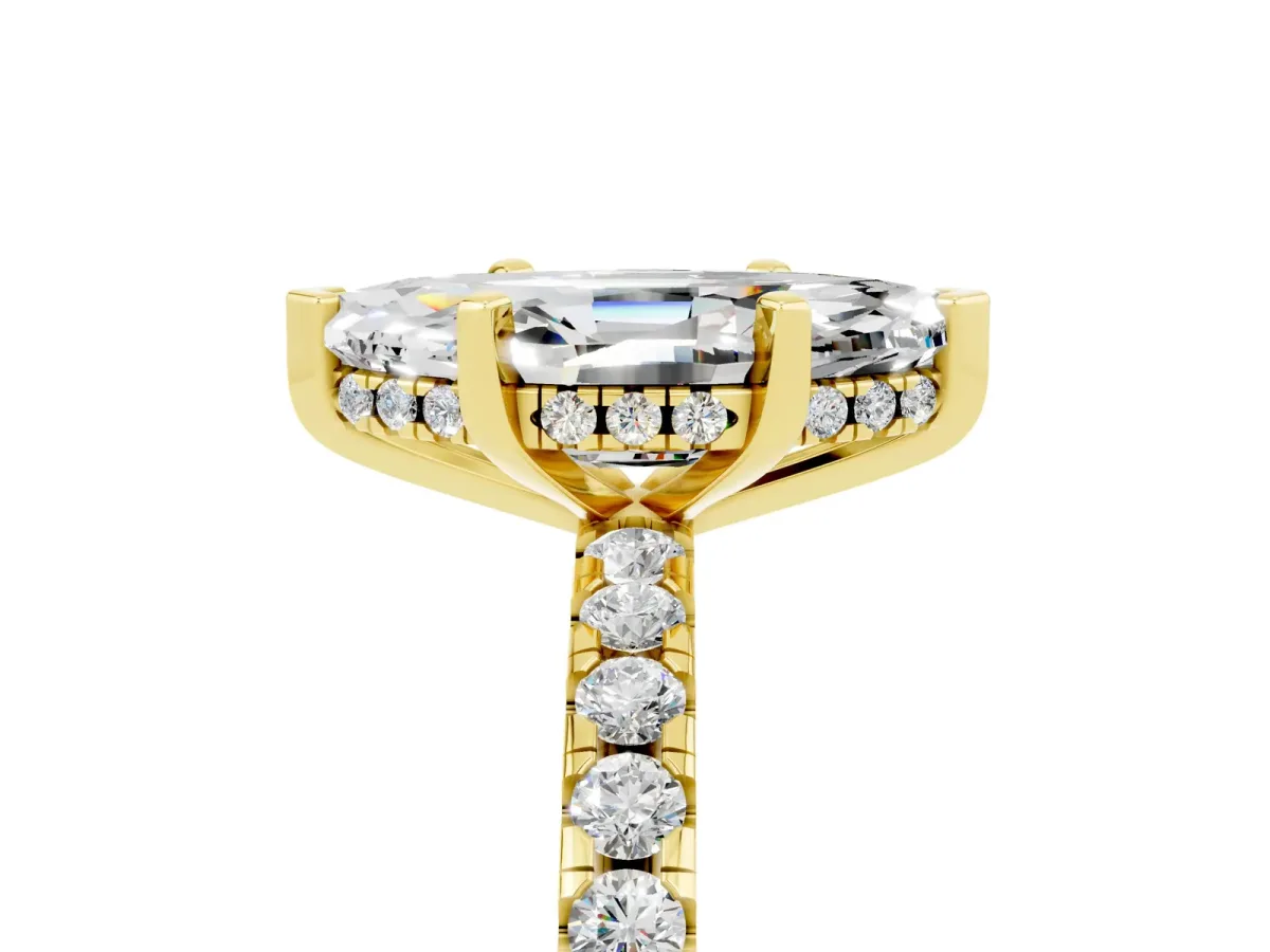Marquise Cut Moissanite Solitaire Ring with Round Pavé Band and Four-Prong Setting Yellow gold