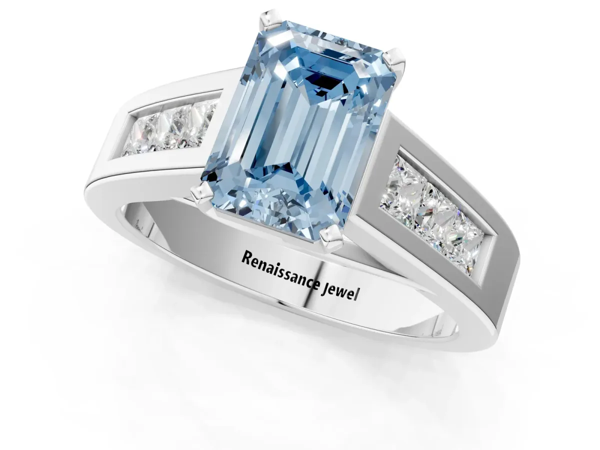 Fancy Blue Emerald Cut Cut Channel Set Solitaire Ring with Four-Prong Setting White gold