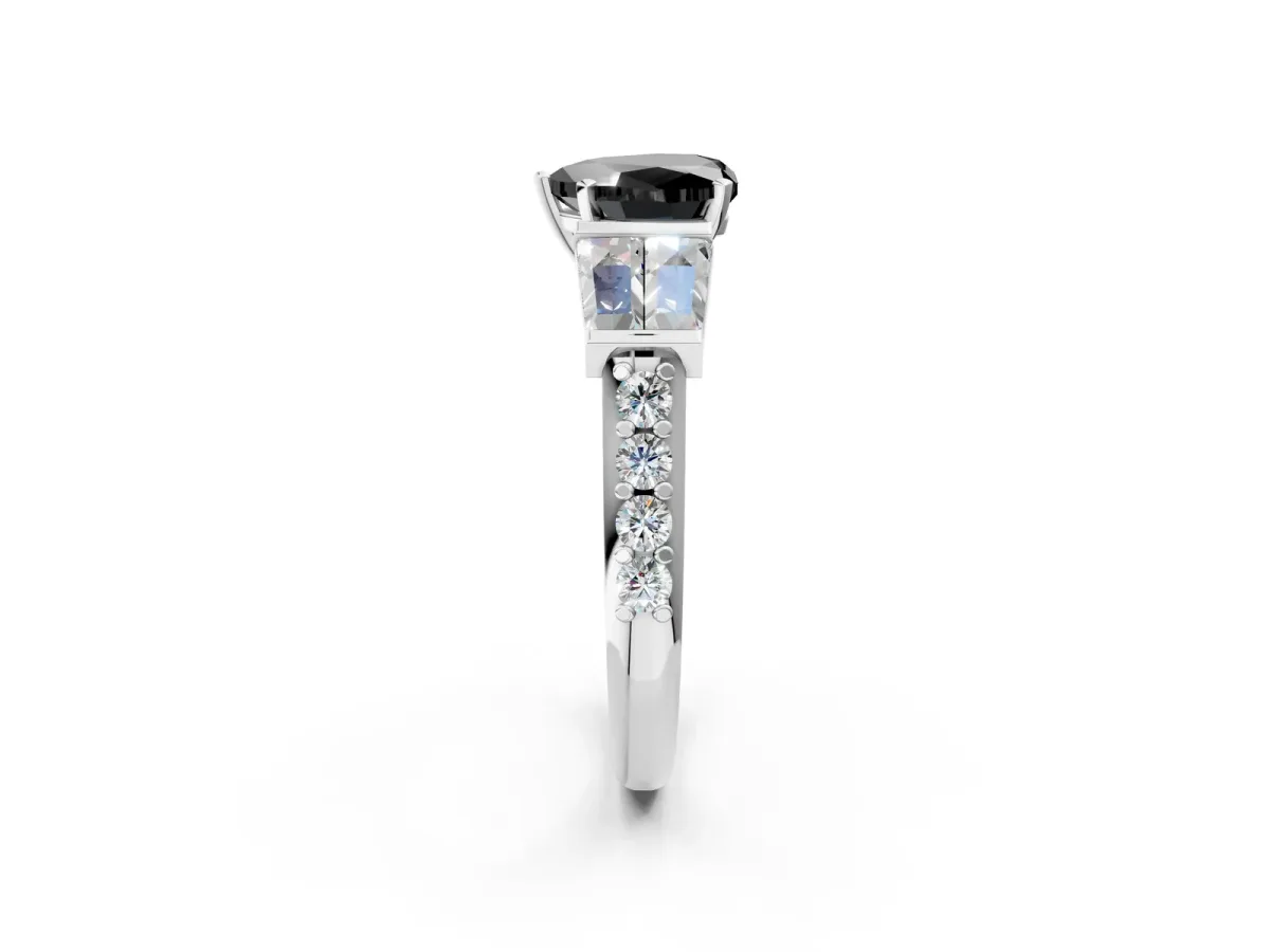 Fancy Black Heart Cut Diamond Engagement Ring with Baguette Side Stones and Channel Set Band Platinum