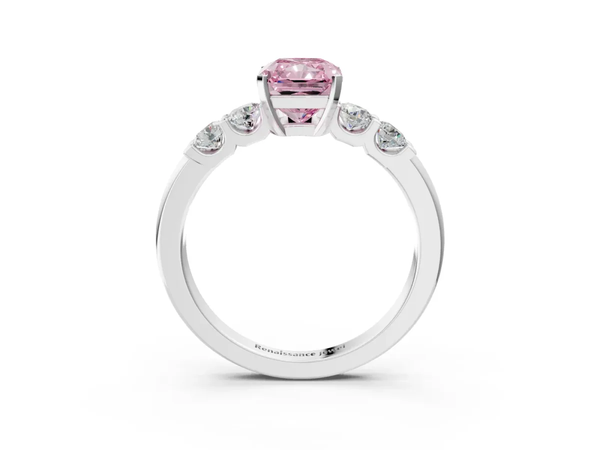 Fancy Pink Radiant Cut Brilliant Cut Diamond Five-Stone Prong Set Engagement Ring with Channel Band Platinum