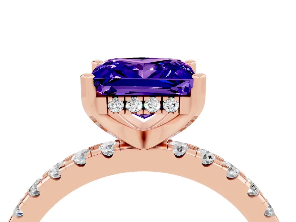 Princess Cut Tanzanite Solitaire Ring with Round Pavé Band and Four-Prong Setting Rose gold