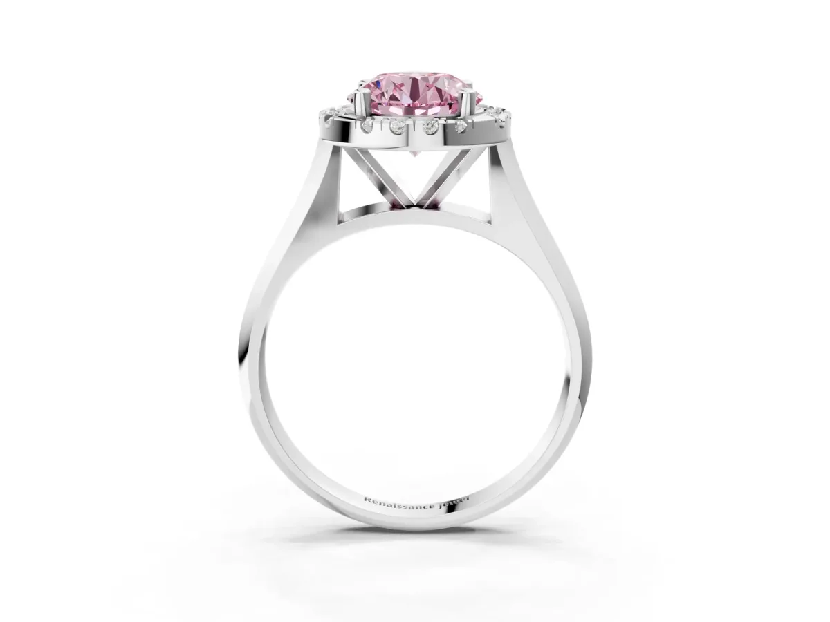 Fancy Pink Round Cut Cut Halo Solitaire Engagement Ring with Square Band and Four-Prong Setting White gold