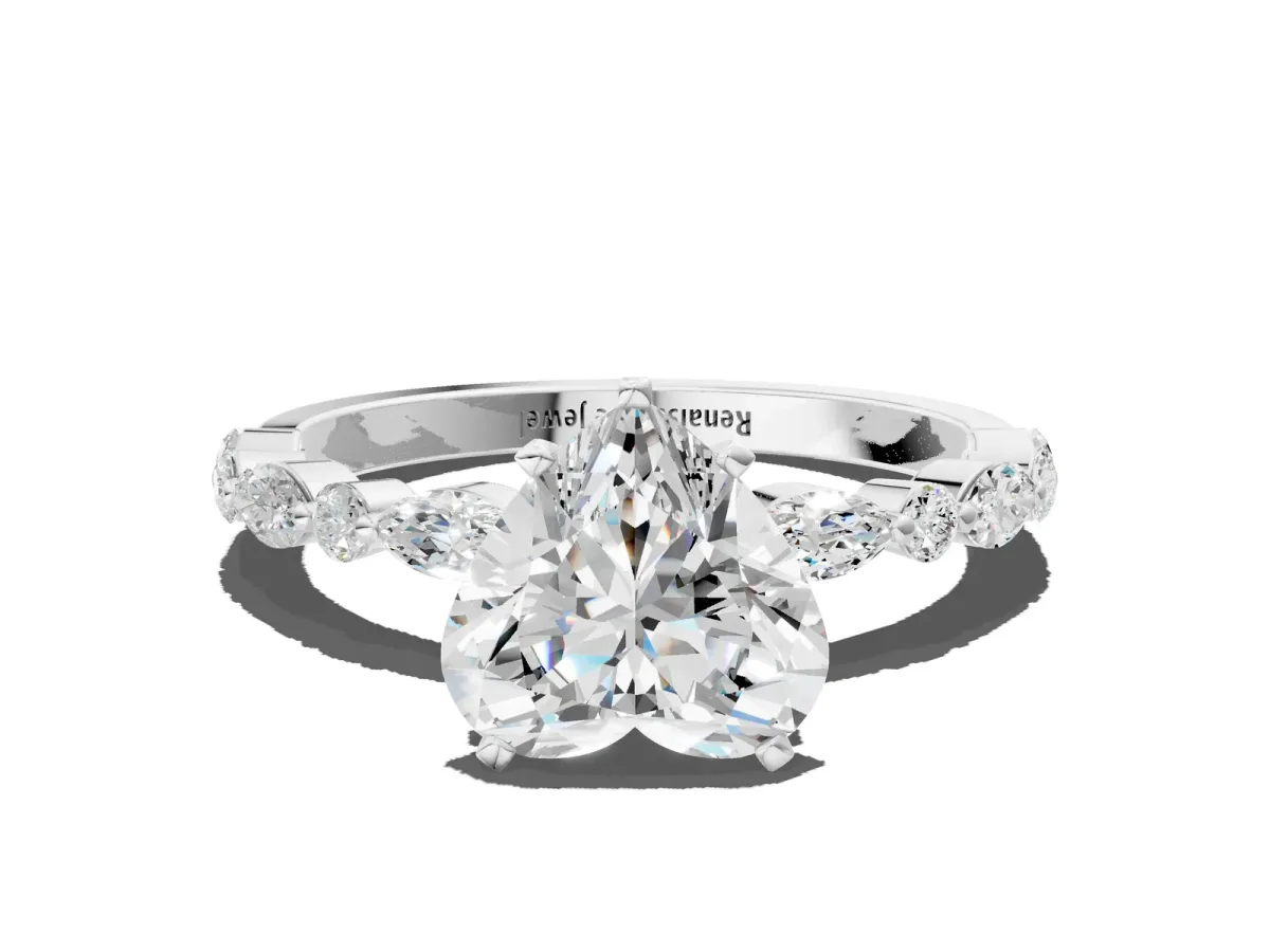 Heart Cut Diamond Ring with Marquise and Round Moissanite Side Stones and Four-Prong Setting Platinum