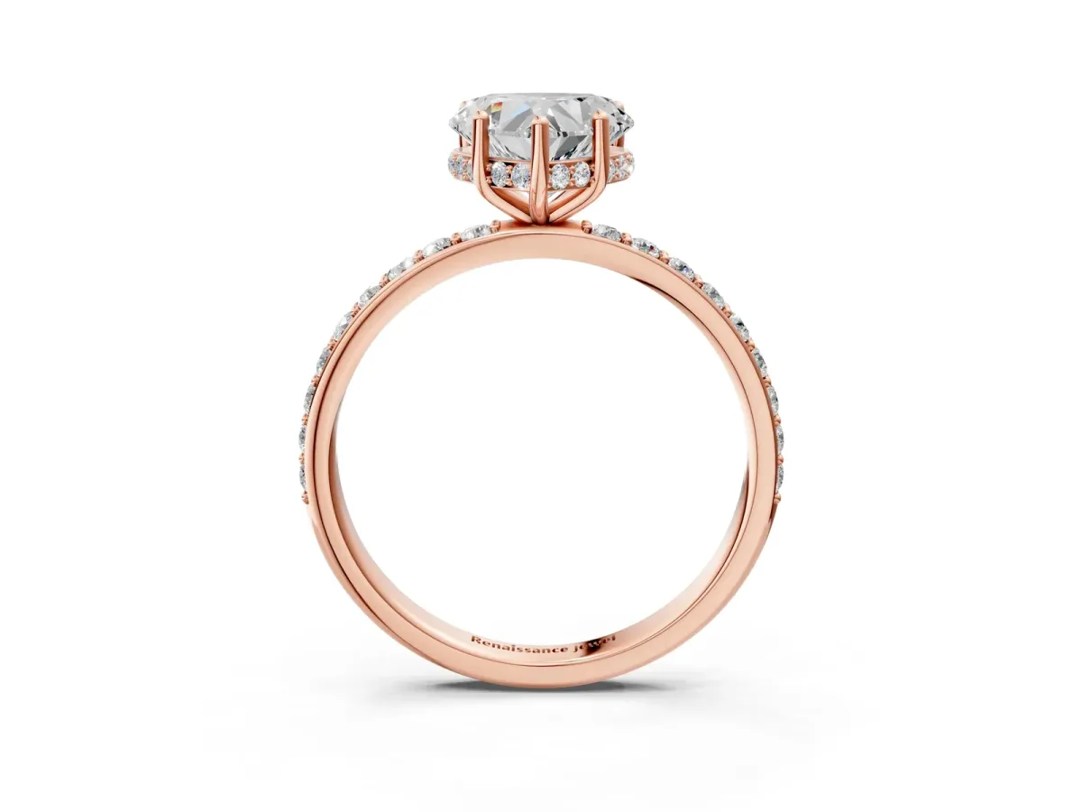 Heart Cut Diamond Solitaire Ring with Pavé Band and Hidden Halo Rose gold