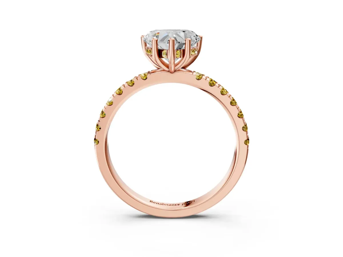 Heart Cut Diamond Pave Band Solitaire Ring with Round Yellow Sapphire and Prong Setting Rose gold