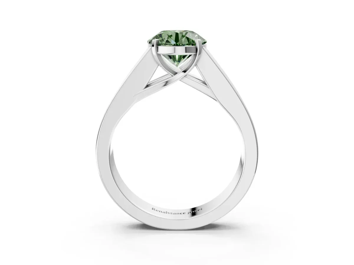 Fancy Green Round Cut Cut Channel Set Solitaire Ring with Four-Prong Setting White gold