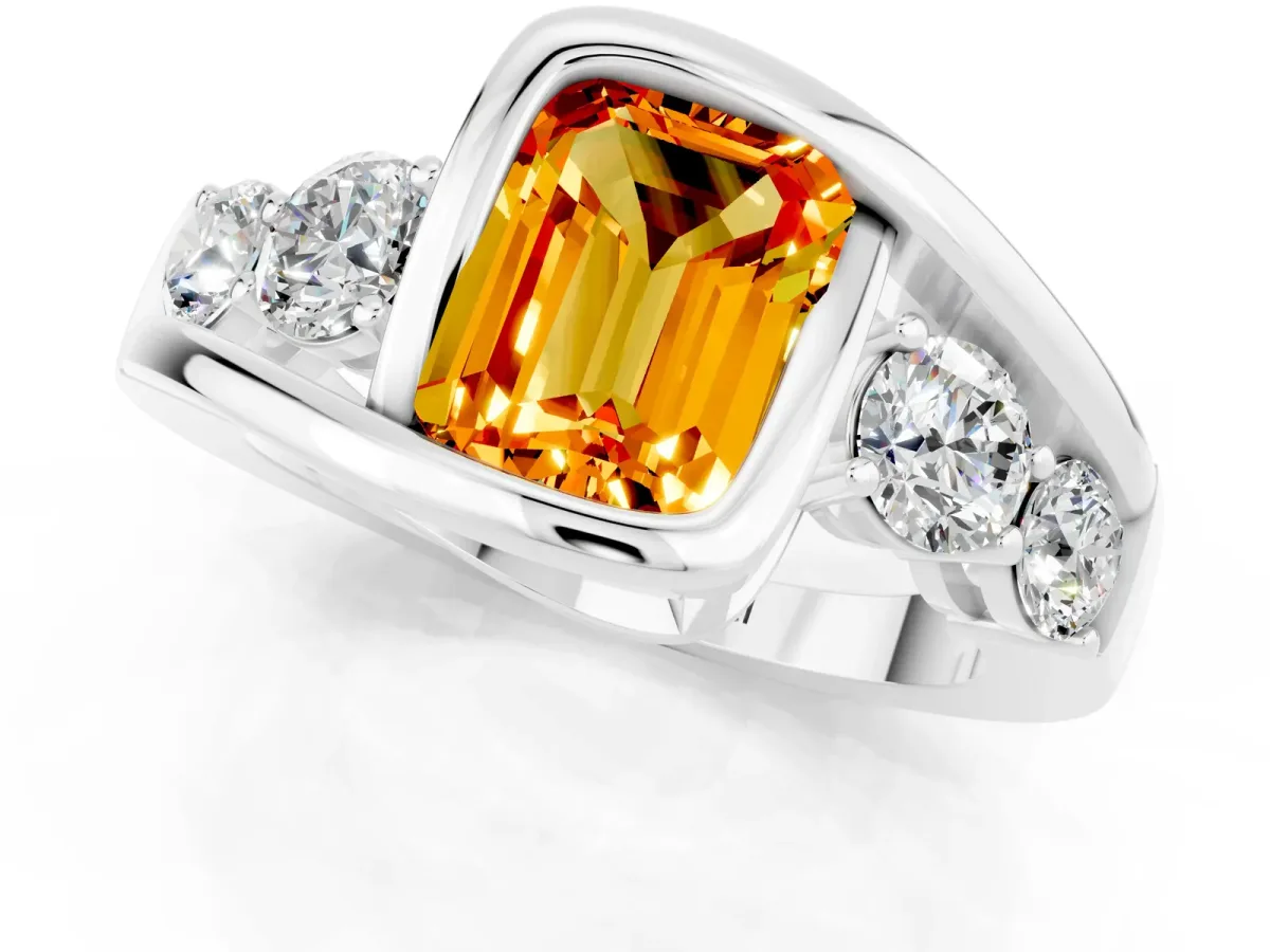 Bezel Set Emerald Cut Citrine Bypass Ring with Round Accents Silver