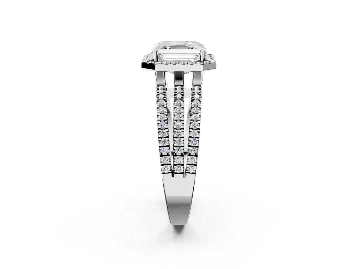 Asscher Cut Diamond Halo Engagement Ring with Split Shank and Four-Prong Setting Platinum