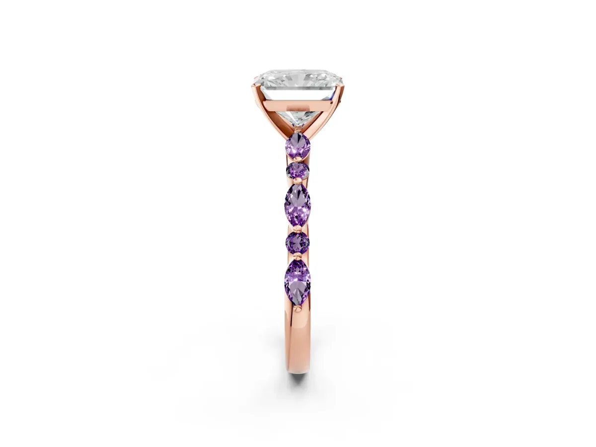 Radiant Cut Diamond Ring with Marquise and Round Amethyst Side Stones and Four-Prong Setting Rose gold