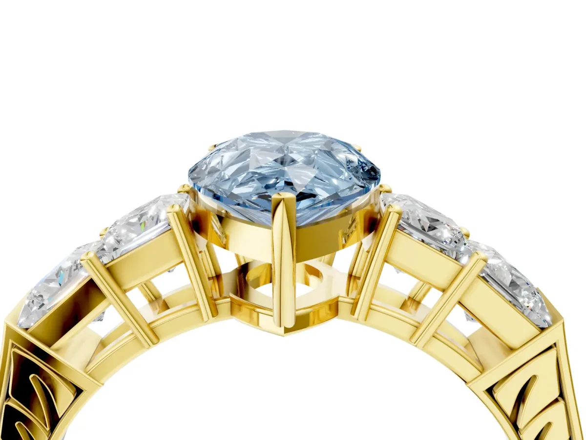 Fancy Blue Pear Cut Solitaire Princess Side Stone Engraved Band Prong Setting Ring Yellow gold