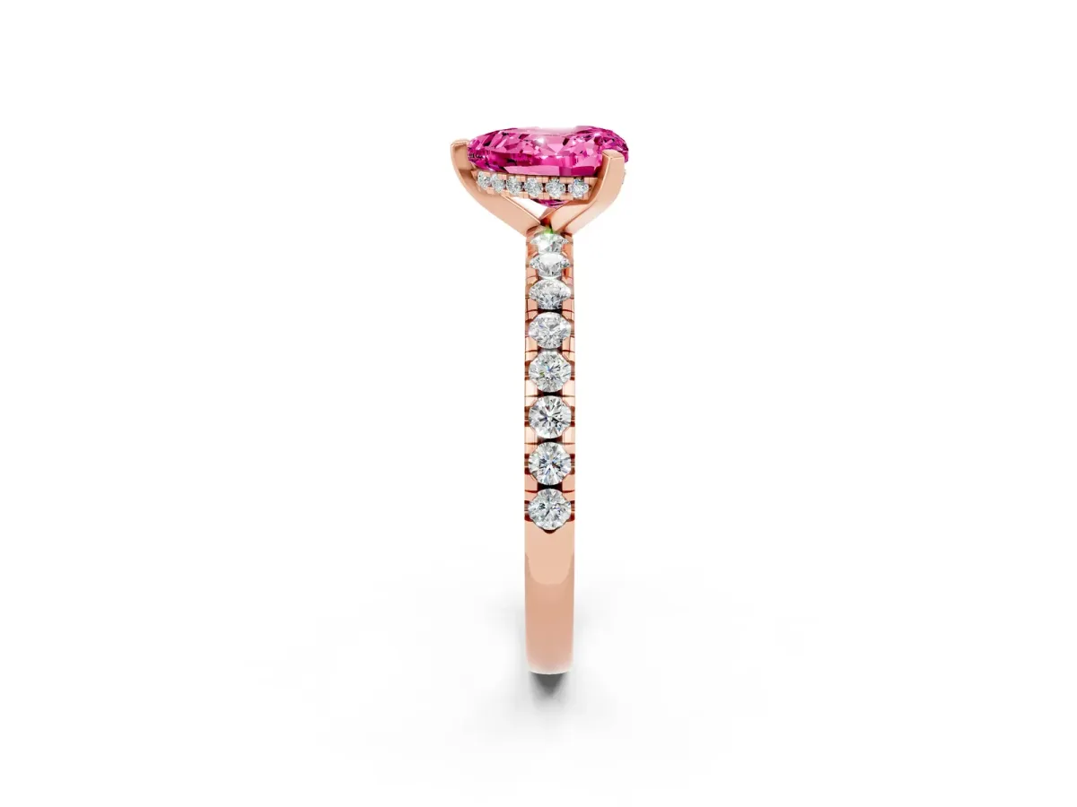 Heart Cut Pink Sapphire Solitaire Ring with Round Pavé Band and Four-Prong Setting Rose gold