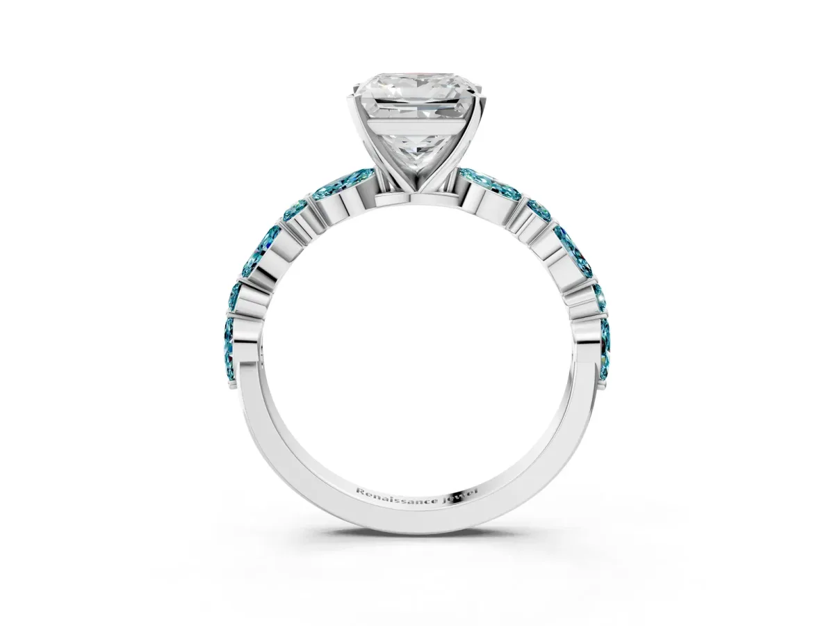 Princess Cut Diamond Ring with Marquise and Round Blue Topaz Side Stones and Four-Prong Setting Platinum