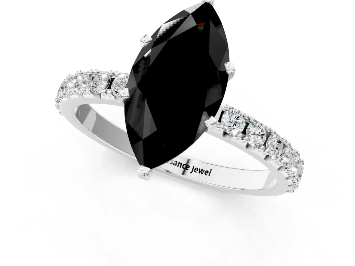 Fancy Black Marquise Cut Diamond Solitaire Pavé Band with Four-Prong Setting Platinum
