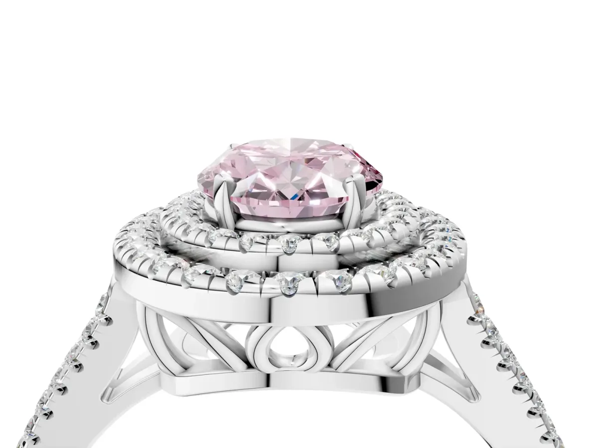 Fancy Pink Oval Cut Diamond Double Halo Ring with Pavé Band and Prong Setting Silver
