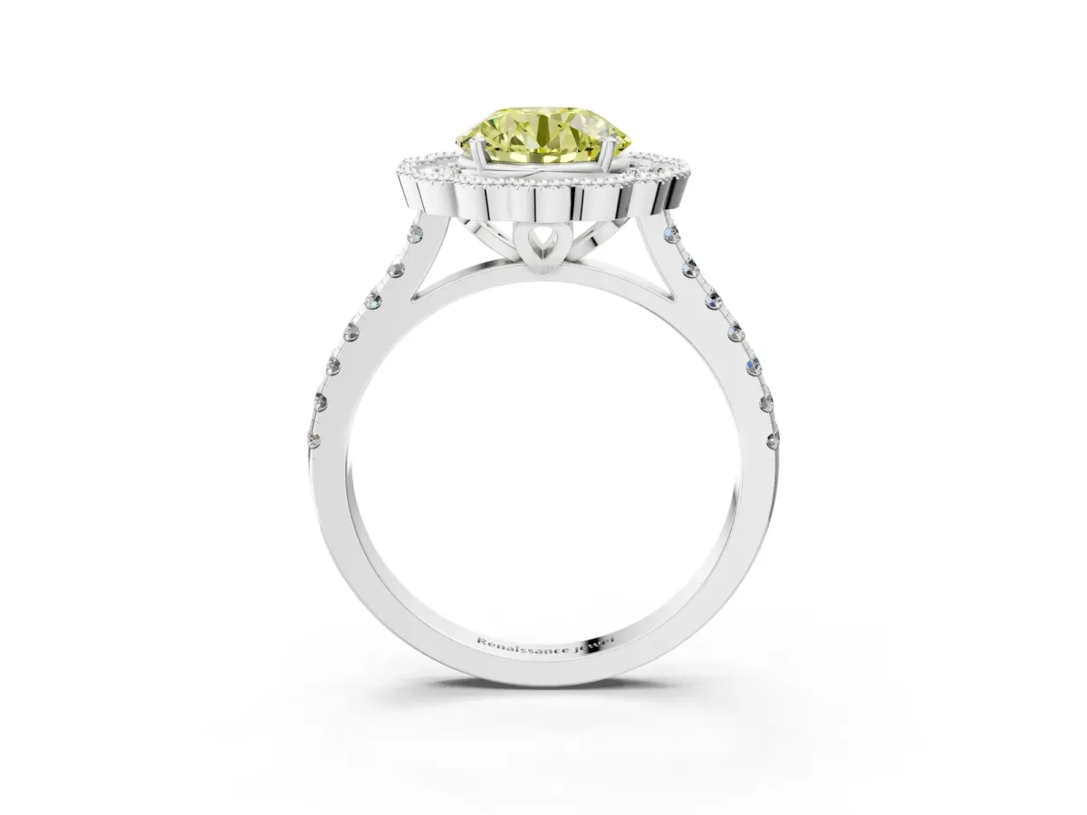 Fancy Yellow Round Cut Cut Diamond Milgrain Floral Halo Engagement Ring with Pavé Band Silver