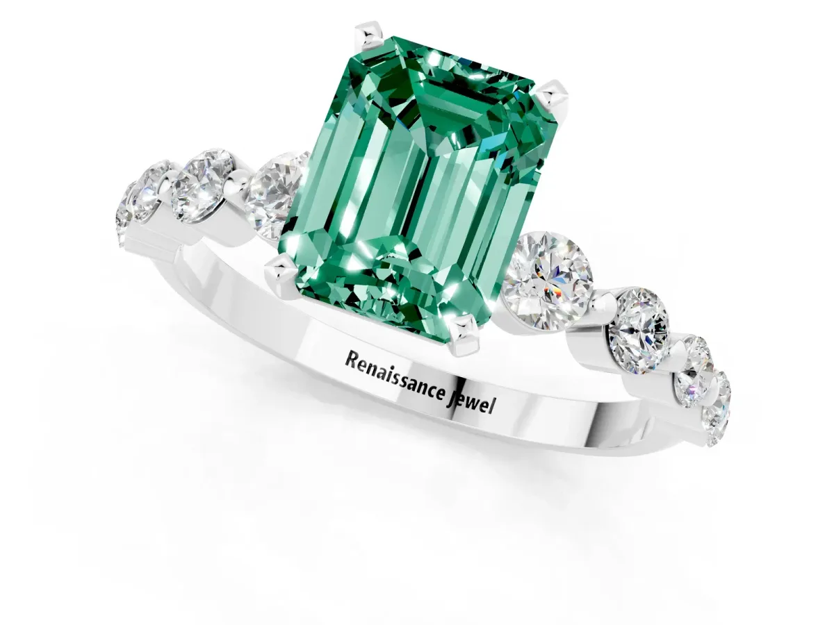 Emerald Cut Solitaire Green Sapphire Ring with Pave Band and Four-Prong Setting Silver