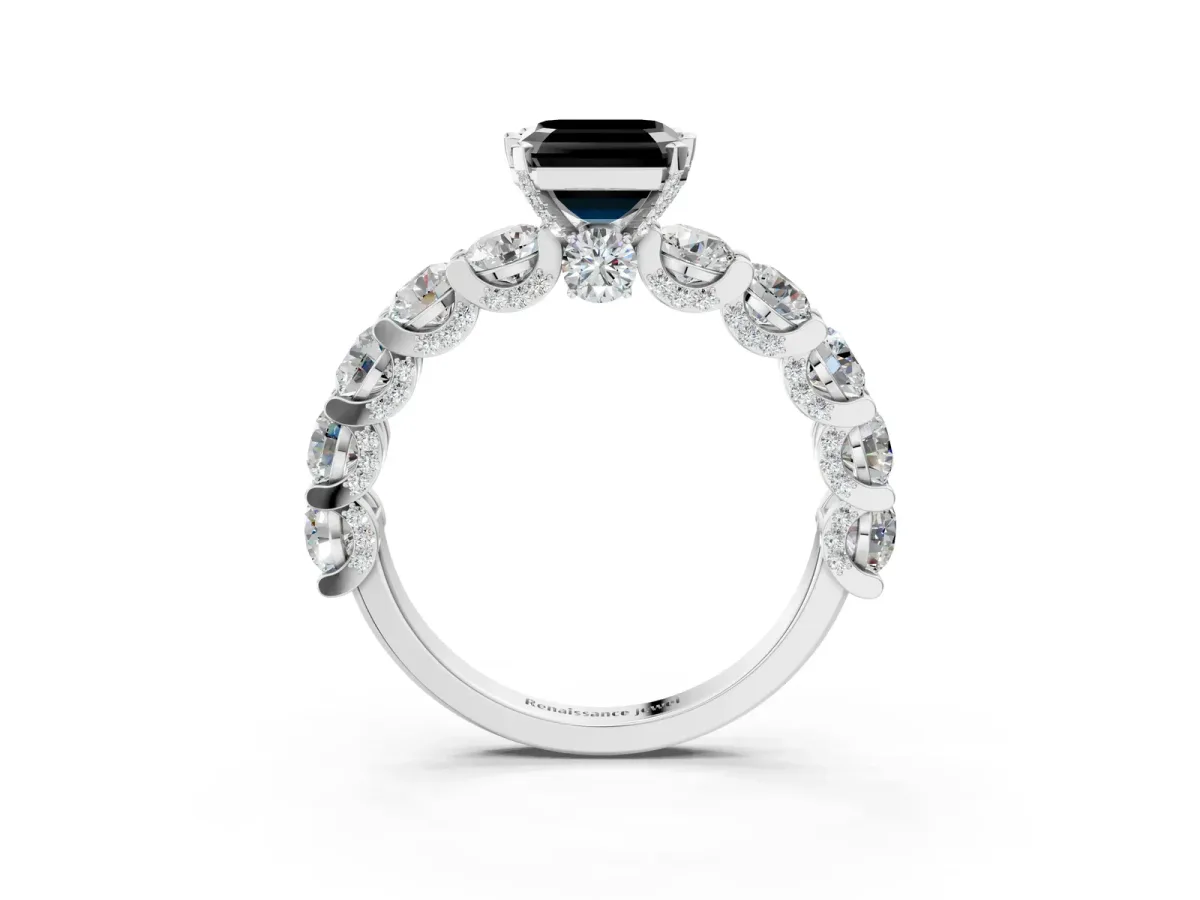 Fancy Black Asscher Cut Diamond Side Stone Engagement Ring with Four-Prong Setting Silver
