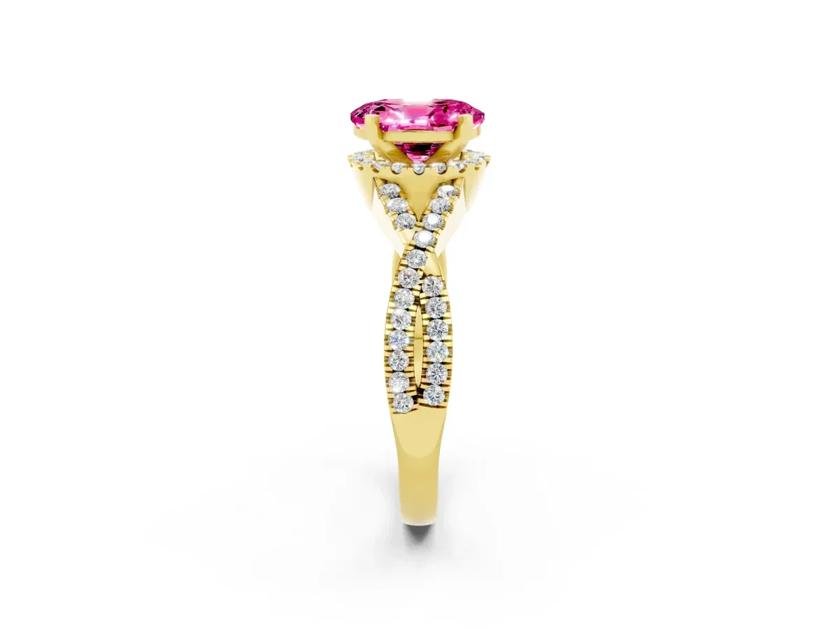 Oval Cut Pink Sapphire Halo Twist Band Solitaire Prong Setting Ring Yellow gold