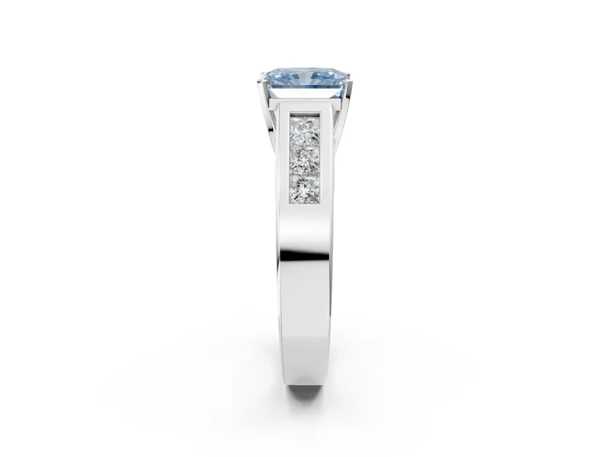 Fancy Blue Radiant Cut Cut Channel Set Solitaire Ring with Four-Prong Setting White gold