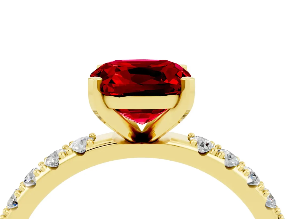 Cushion Cut Ruby Solitaire Pavé Band with Four-Prong Setting Yellow gold