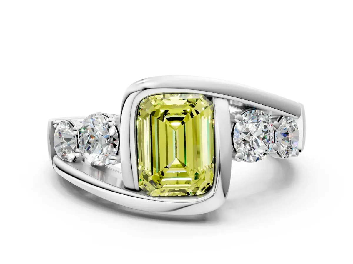 Fancy Yellow Bezel Set Emerald Cut Diamond Bypass Ring with Round Accents Silver