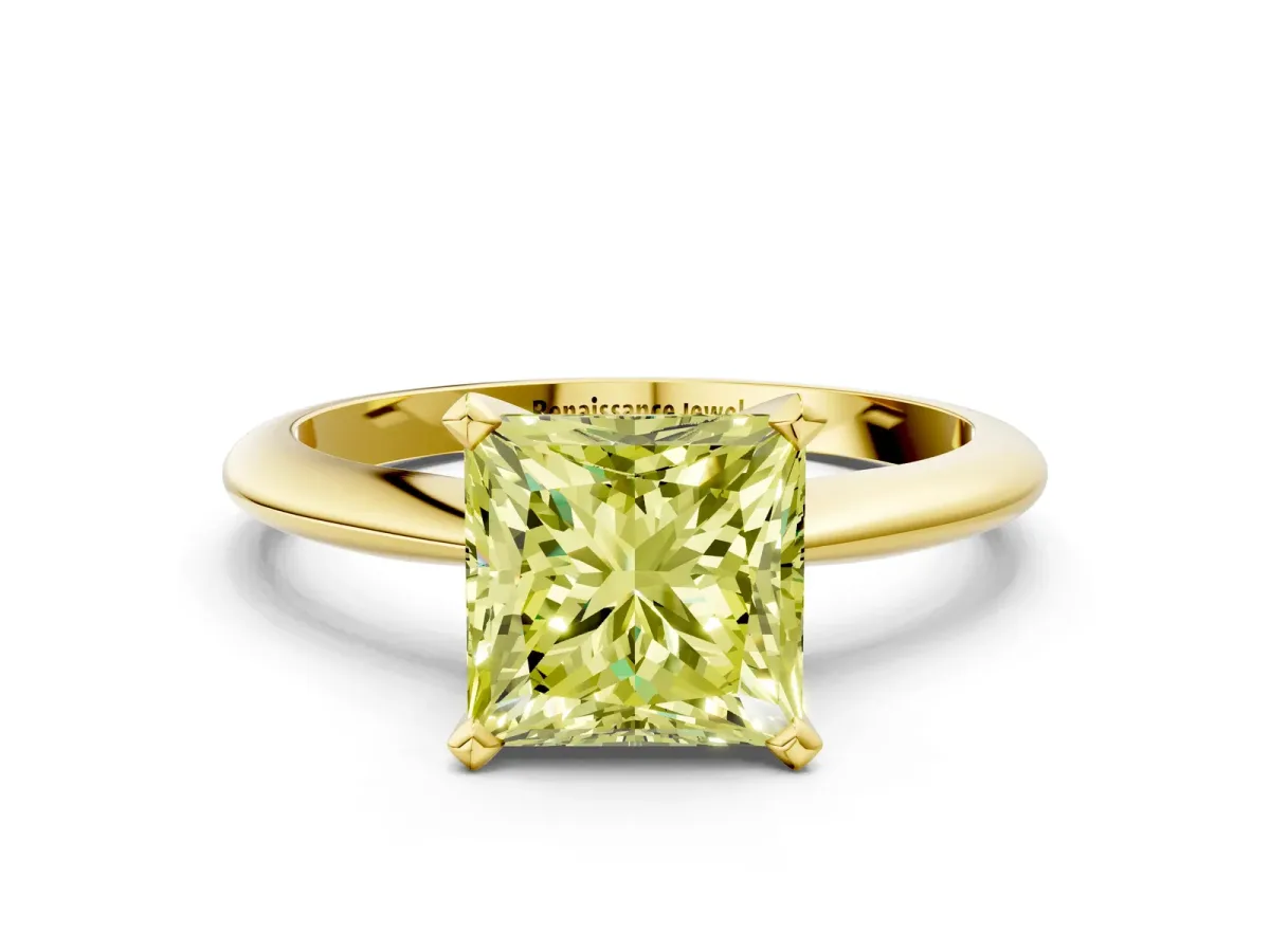 Fancy Yellow Princess Cut Diamond Solitaire Engagement Ring with Classic Band and Four-Prong Setting Yellow gold