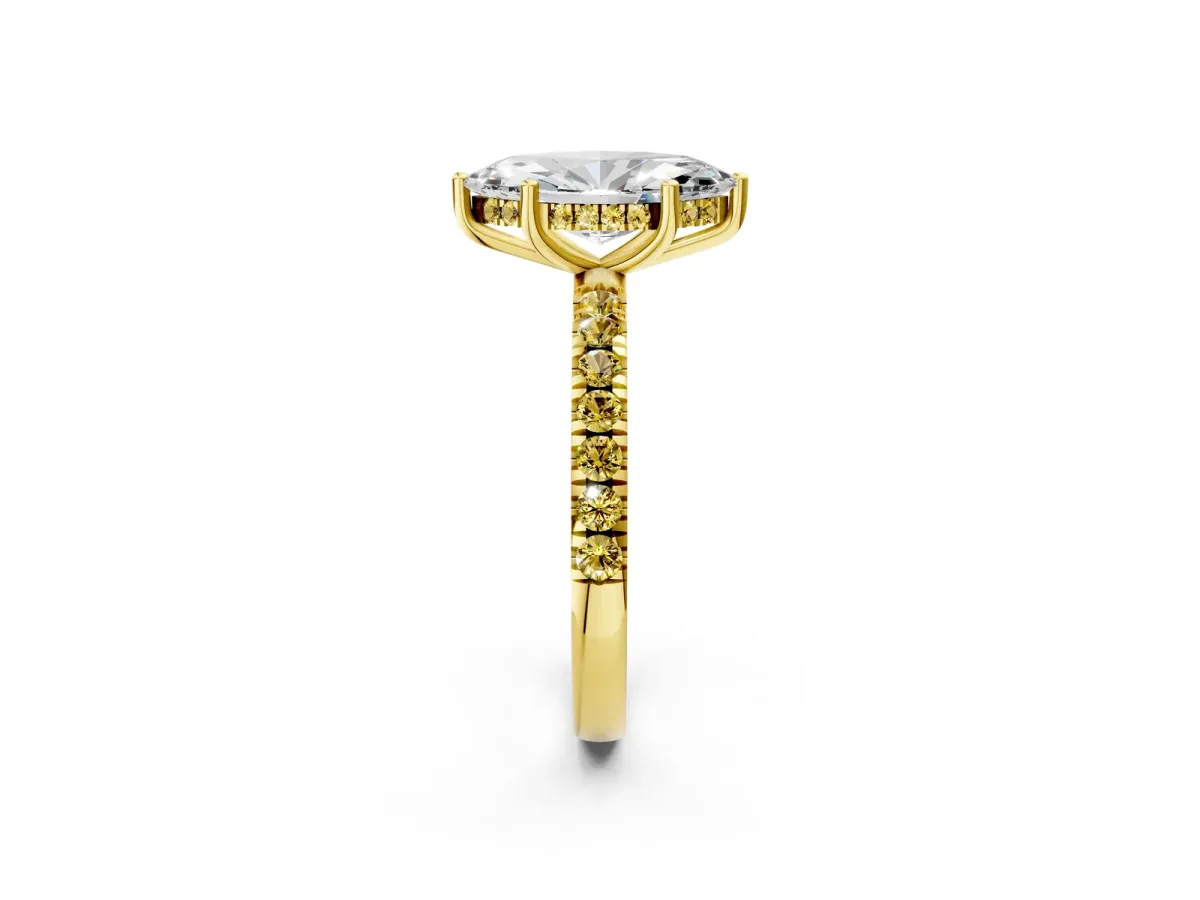 Marquise Cut Diamond Pave Band Solitaire Ring with Round Yellow Sapphire and Prong Setting Yellow gold