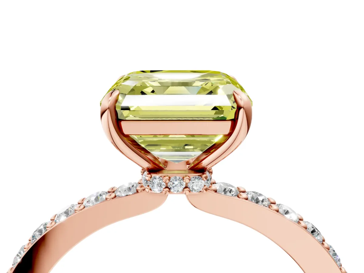 Fancy Yellow Asscher Cut Diamond Solitaire Engagement Ring with Pavé Band and Four-Prong Setting Rose gold