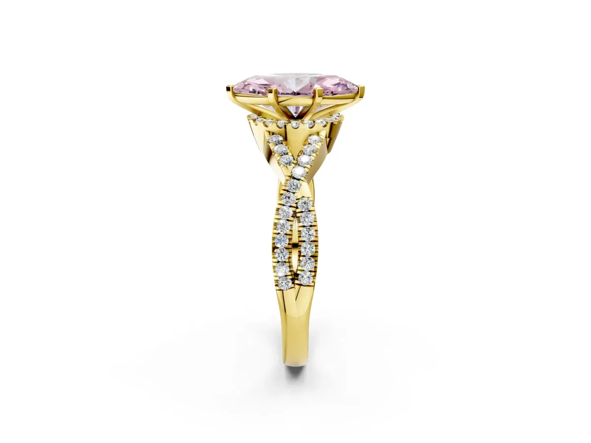 Fancy Pink Marquise Cut Diamond Halo Twist Band Solitaire Prong Setting Ring Yellow gold