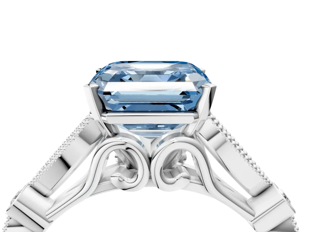 Fancy Blue Asscher Cut Cut Diamond with Milgrain Marquise and Bezel Accents on a Solitaire Band with Prong Setting Silver