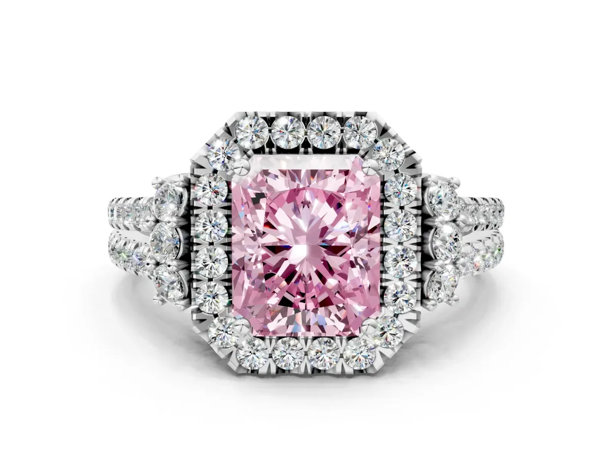 Fancy Pink Radiant Cut Cut Double Halo Diamond Engagement Ring with Pave Band and Four-Prong Setting Platinum