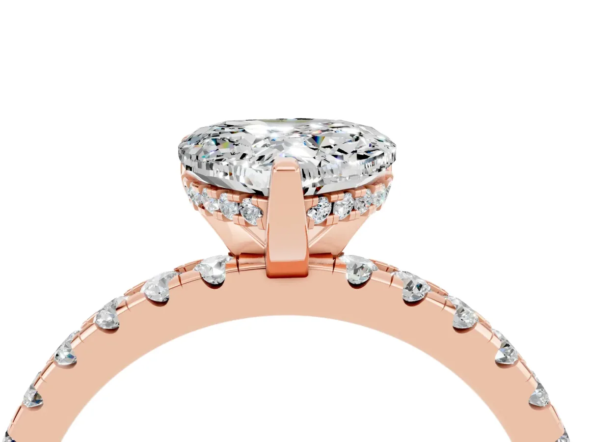 Heart Cut Moissanite Solitaire Ring with Round Pavé Band and Four-Prong Setting Rose gold