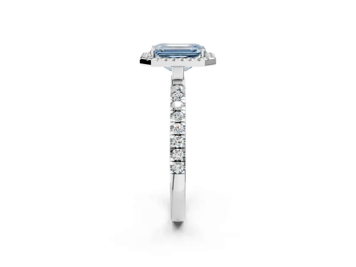 Fancy Blue Emerald Cut Diamond Classic Halo Engagement Ring with Round Pavé Band and Prong Setting White gold