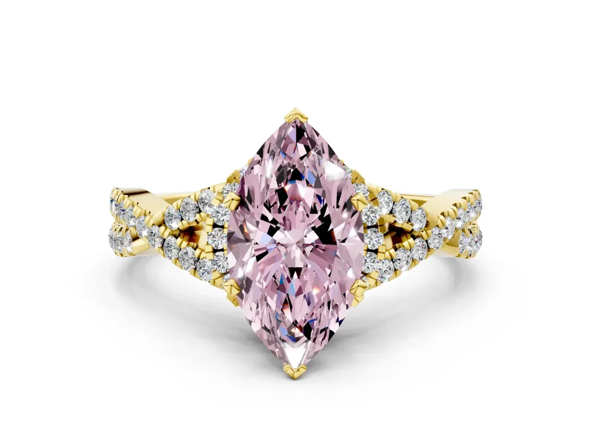Fancy Pink Marquise Cut Diamond Halo Twist Band Solitaire Prong Setting Ring Yellow gold