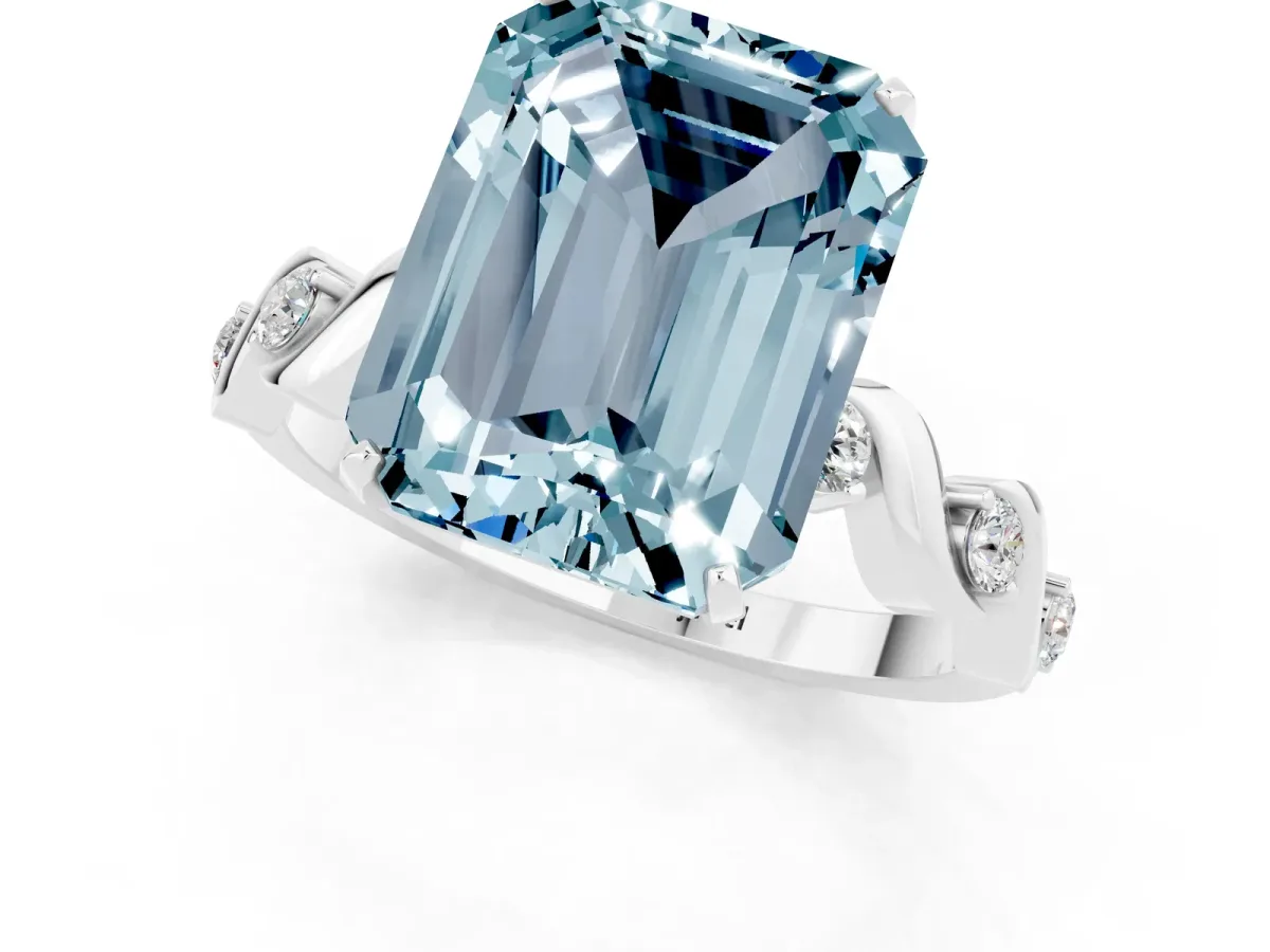 Emerald Cut Aquamarine Solitaire Twisted Band with Round Accents and Prong Setting White gold