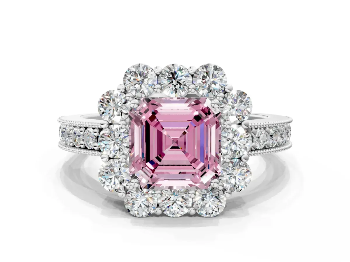 Fancy Pink Asscher Cut Cut Halo Diamond Pavé Engagement Ring with Milgrain Detailing Platinum