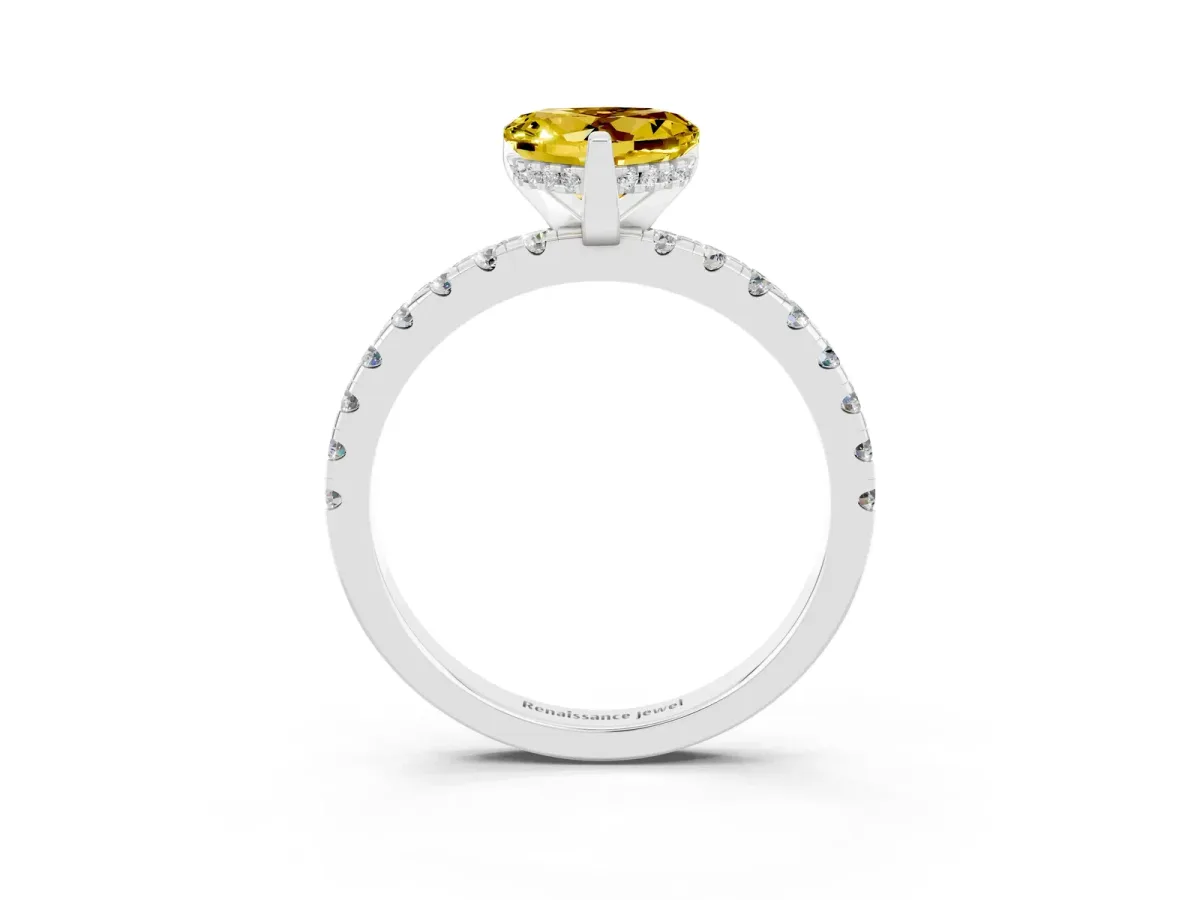 Heart Cut Yellow Sapphire Solitaire Ring with Round Pavé Band and Four-Prong Setting White gold