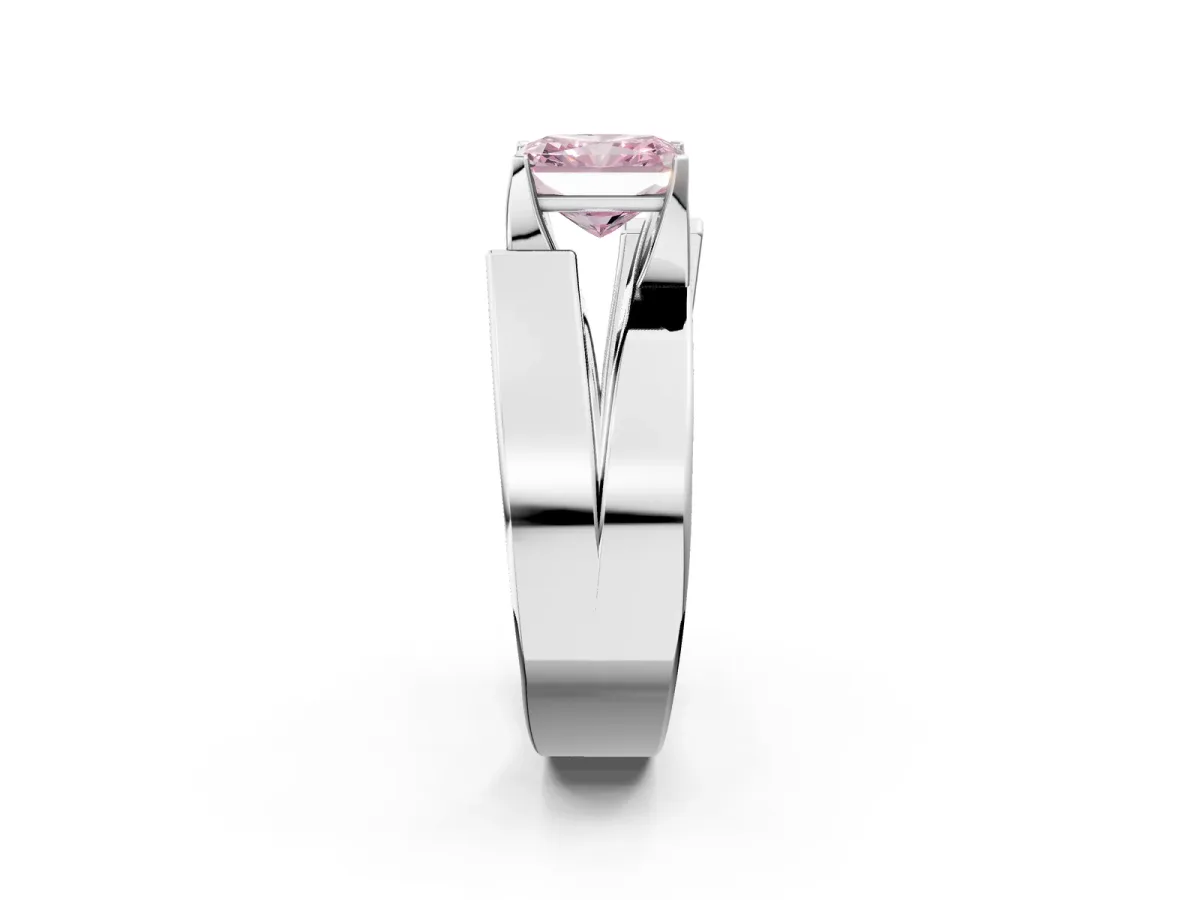 Fancy Pink Modern Tension Set Radiant Cut Diamond Solitaire Wide Band Ring Silver