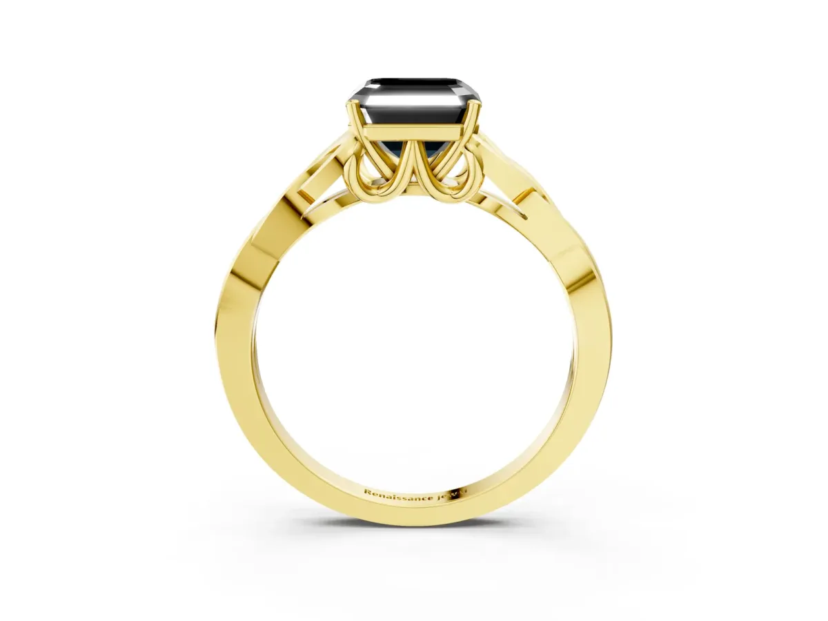 Fancy Black Asscher Cut Diamond Solitaire Engagement Ring with Celtic Knot Band and Four-Prong Setting Yellow gold