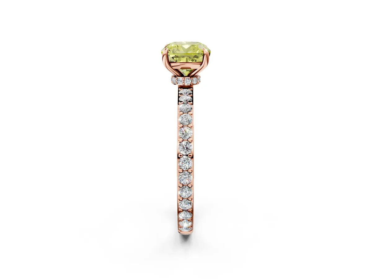 Fancy Yellow Cushion Cut Diamond Solitaire Engagement Ring with Pavé Band and Four-Prong Setting Rose gold