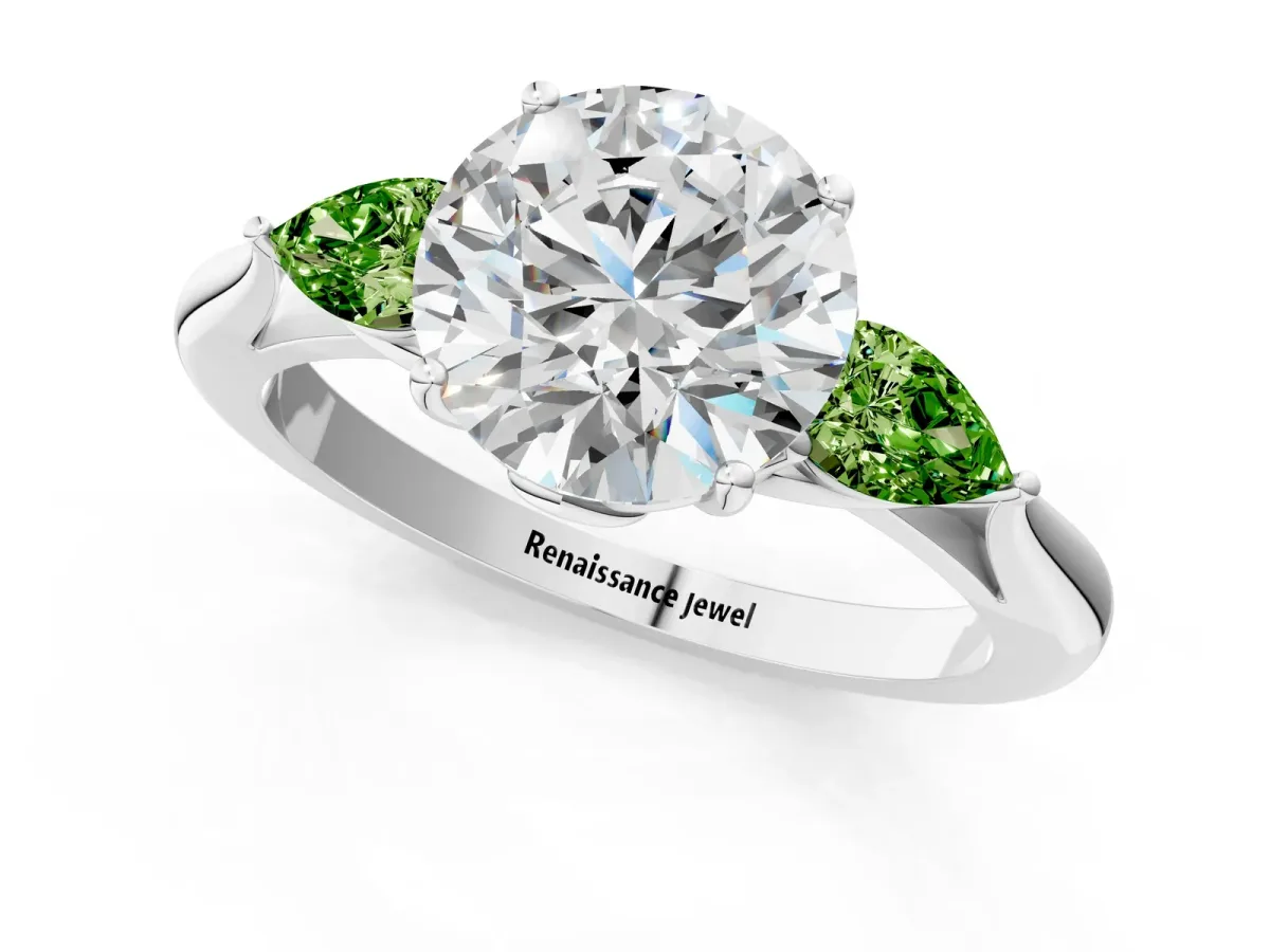 Round Cut Diamond Three-Stone Ring with Pear Peridot Side Stones and Prong Setting Silver