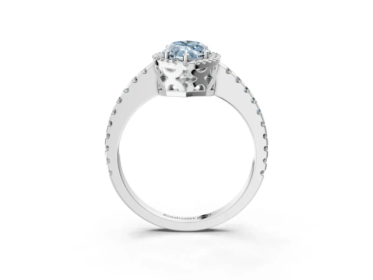 Fancy Blue Marquise Cut Diamond Halo Engagement Ring with Pavé Band and Prong Setting White gold
