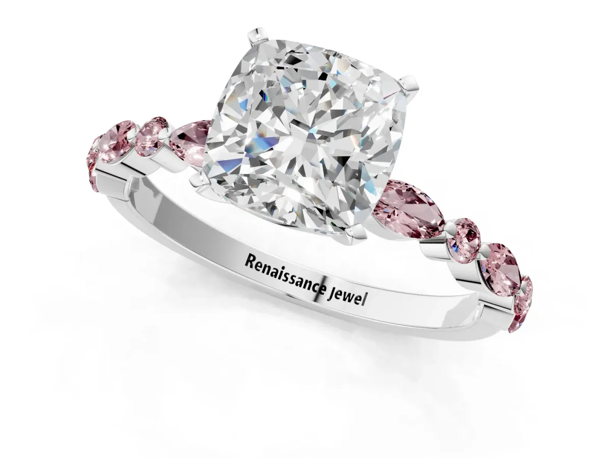 Cushion Cut Diamond Ring with Marquise and Round Morganite Side Stones and Four-Prong Setting White gold