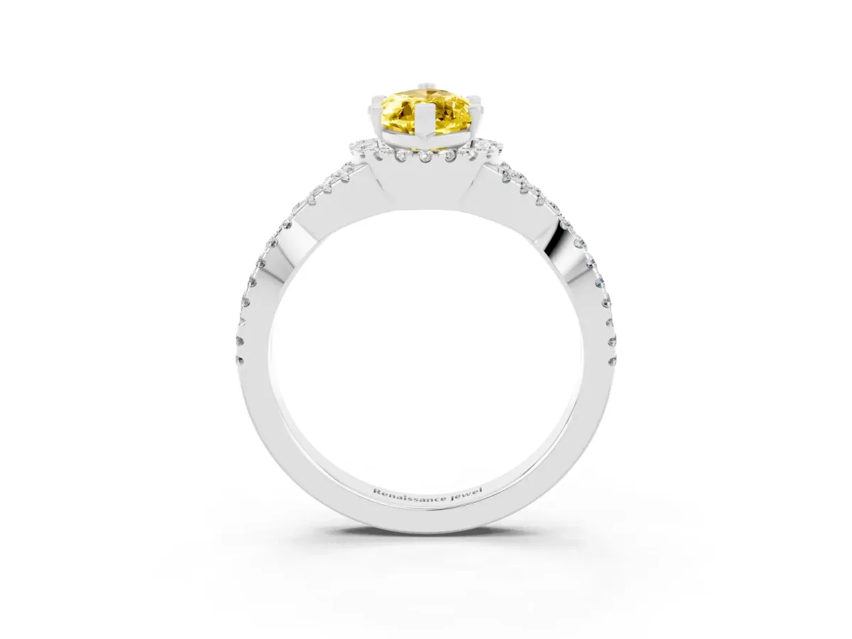 Marquise Cut Yellow Sapphire Halo Twist Band Solitaire Prong Setting Ring White gold
