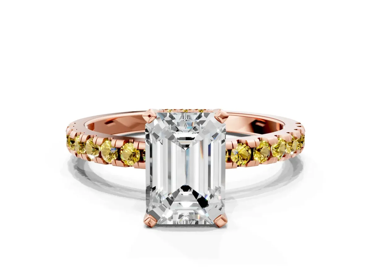 Emerald Cut Diamond Solitaire Ring with Round Yellow Sapphire Pavé Band and Four-Prong Setting Rose gold