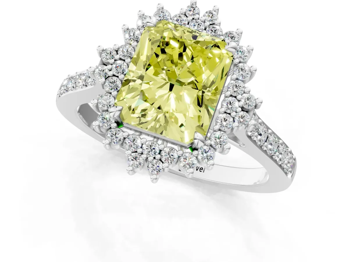 Fancy Yellow Radiant Cut Cut Diamond Sunburst Halo Engagement Ring with Pavé Band Platinum