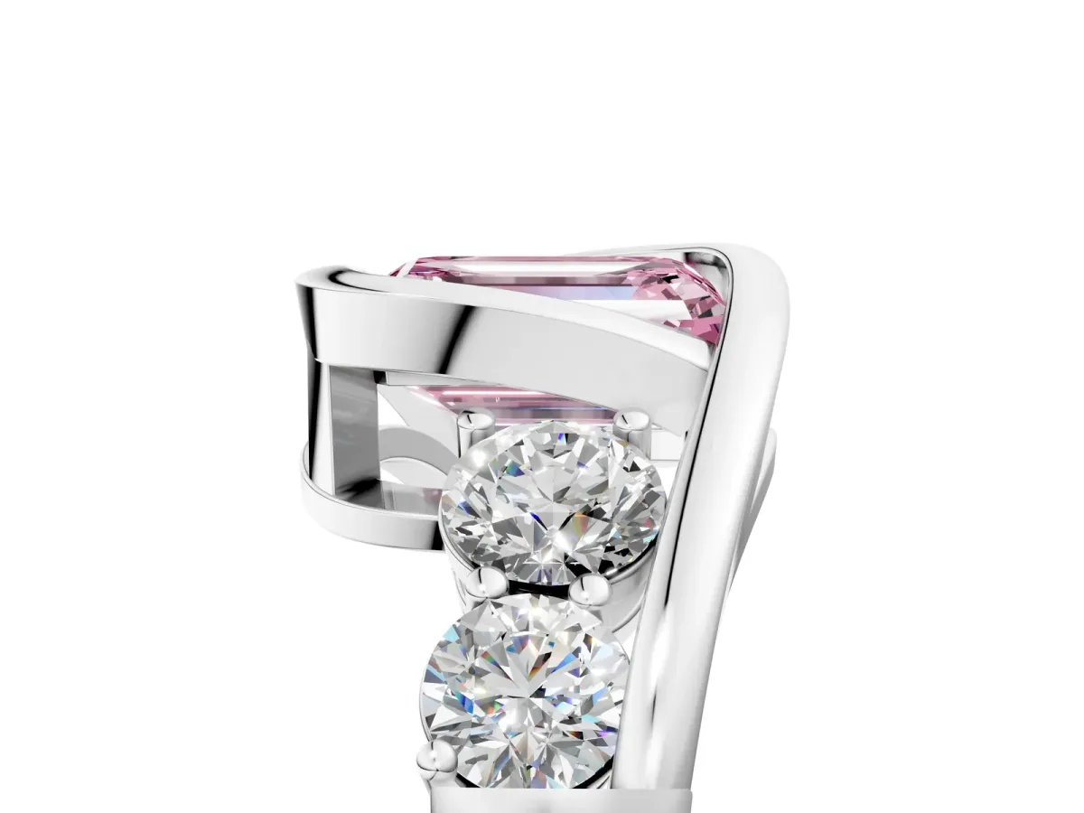 Fancy Pink Bezel Set Emerald Cut Diamond Bypass Ring with Round Accents Silver